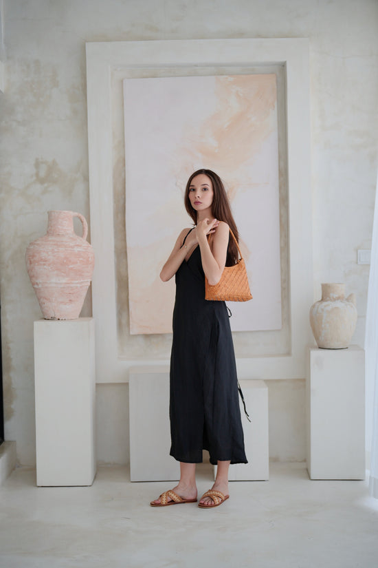 Pink Haley Anita Linen Wrap Front Midi Dress In Black