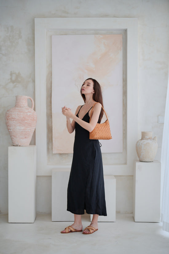 Pink Haley Anita Linen Wrap Front Midi Dress In Black