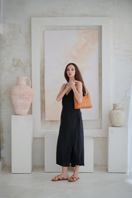 Pink Haley Anita Linen Wrap Front Midi Dress In Black