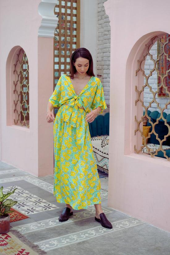 Pink Haley Aubrey Floral Wrap Top And Midi Skirt Matching Set In Yellow Garden