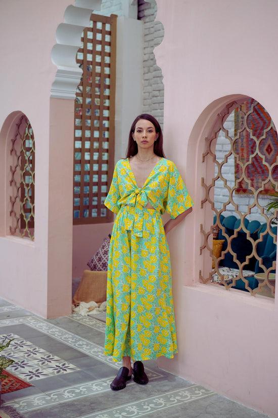 Pink Haley Aubrey Floral Wrap Top And Midi Skirt Matching Set In Yellow Garden
