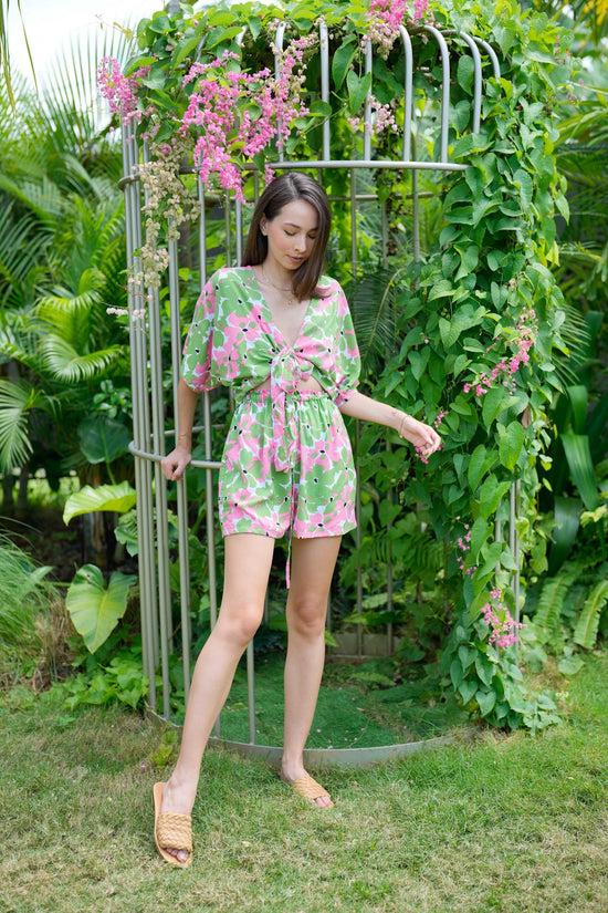 Pink Haley Aubrey Floral Wrap Top And Shorts Travel Matching Set In Pink Garden