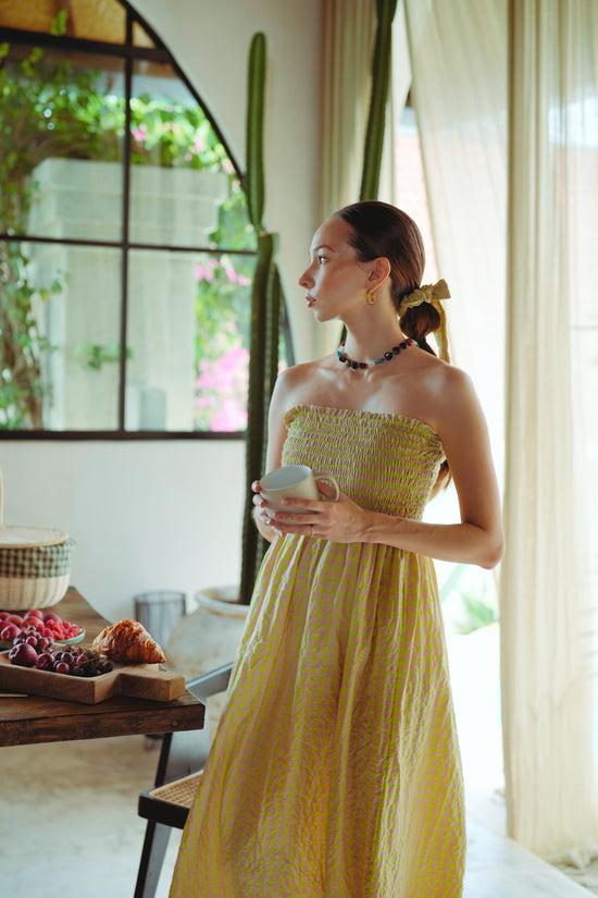 Pink Haley Ava Strapless Crinkle Gingham Dress In Lemonade