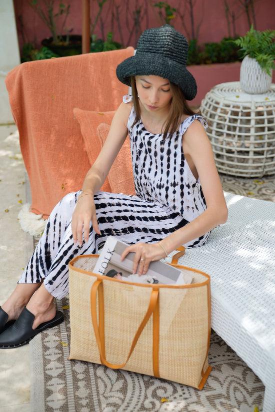Pink Haley Brianna Large Woven Rattan And Leather Tote Large Size In Tan