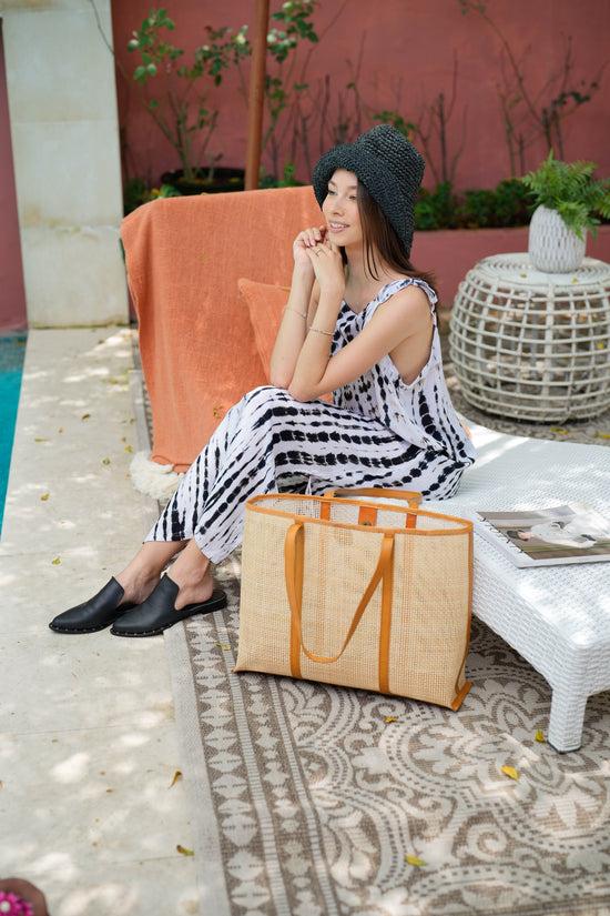 Pink Haley Brianna Large Woven Rattan And Leather Tote Large Size In Tan