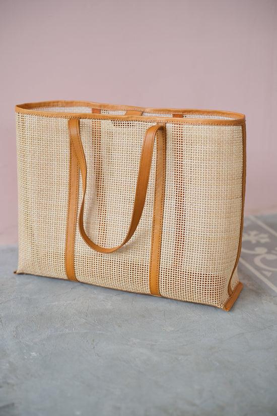 pink haley Brianna Large Woven Rattan and Leather Tote Large size in Tan