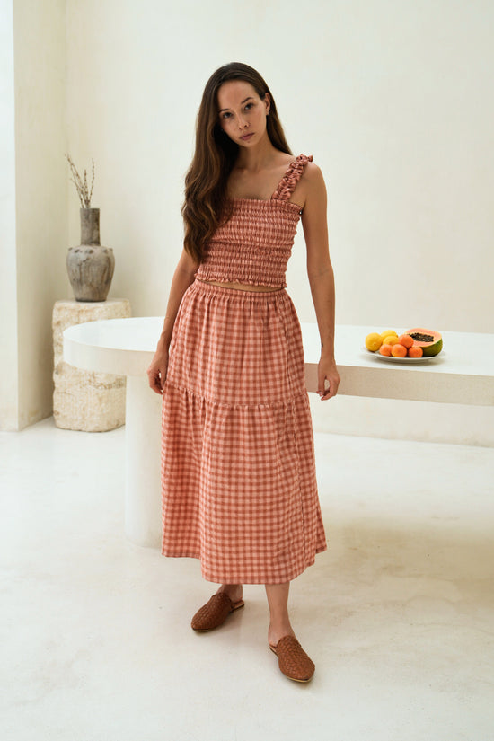 pink haley Elena Crinkle Gingham Carry-On Travel Skirt in Persimmon