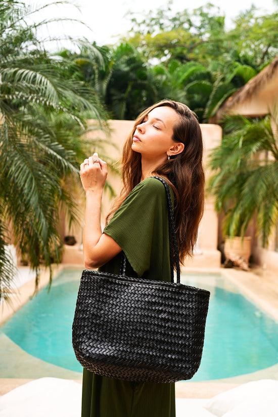 pink haley Garcia Artisan Handwoven Leather Tote in Black