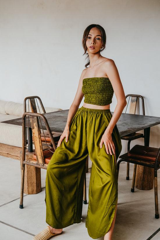 Pink Haley Judith Side Split Pants With Matching Tube Top Set In Olive