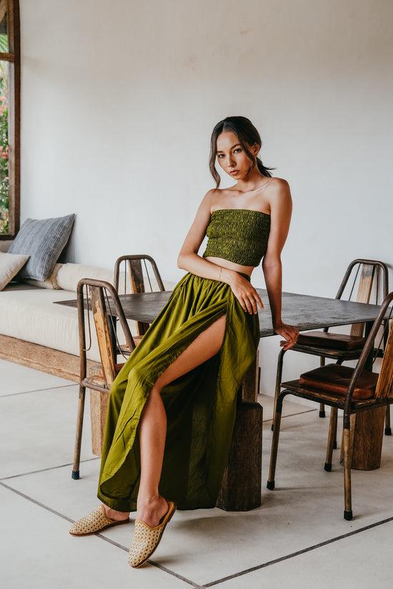 pink haley Judith Side Split Pants With Matching Tube Top Set in Olive