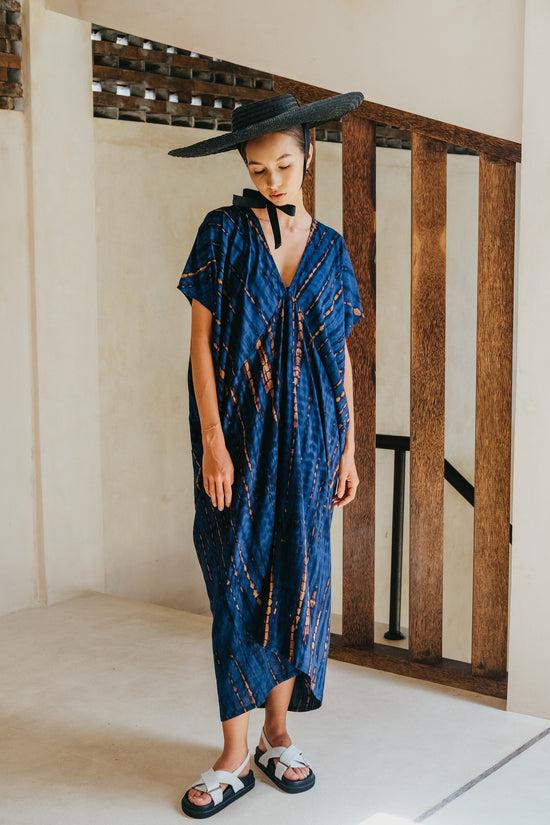 pink haley Madella Hand Dyed Kaftan Dress in Ocean blue
