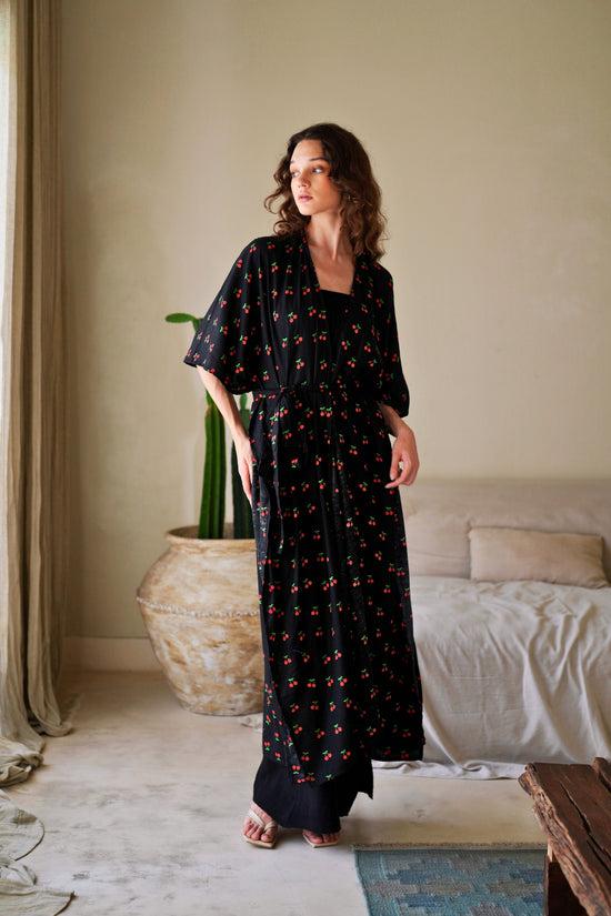Pink Haley Nostalgic Cherry-Print Travel Kimono Duster