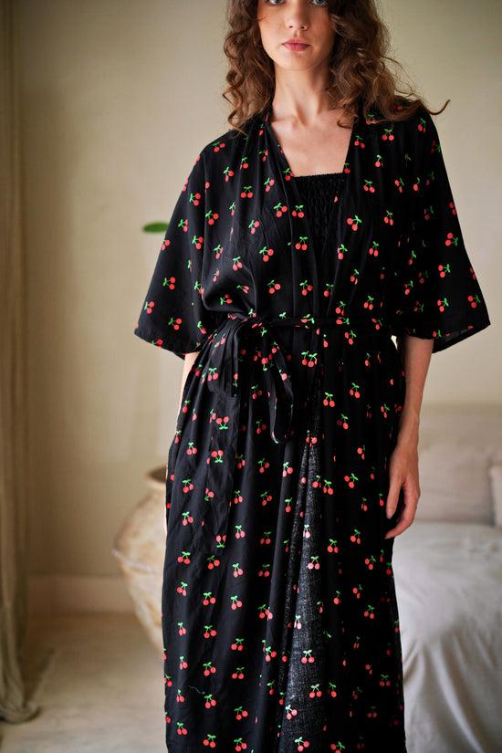 Pink Haley Nostalgic Cherry-Print Travel Kimono Duster
