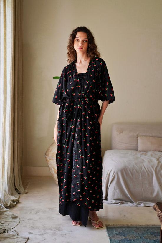 Pink Haley Nostalgic Cherry-Print Travel Kimono Duster