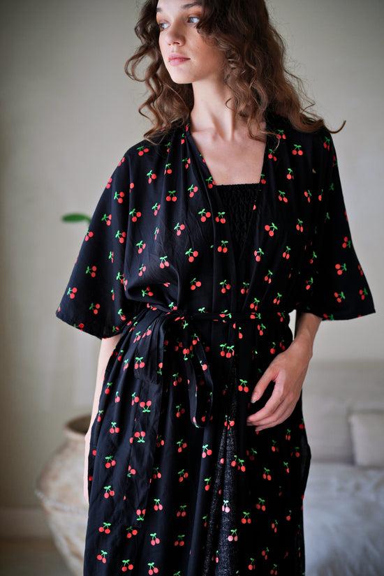 pink haley Nostalgic Cherry-Print Travel Kimono Duster