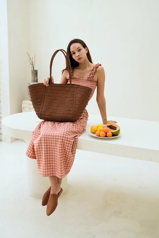 pink haley Phoebe Artisan Handwoven Leather Oversized Tote in Brown