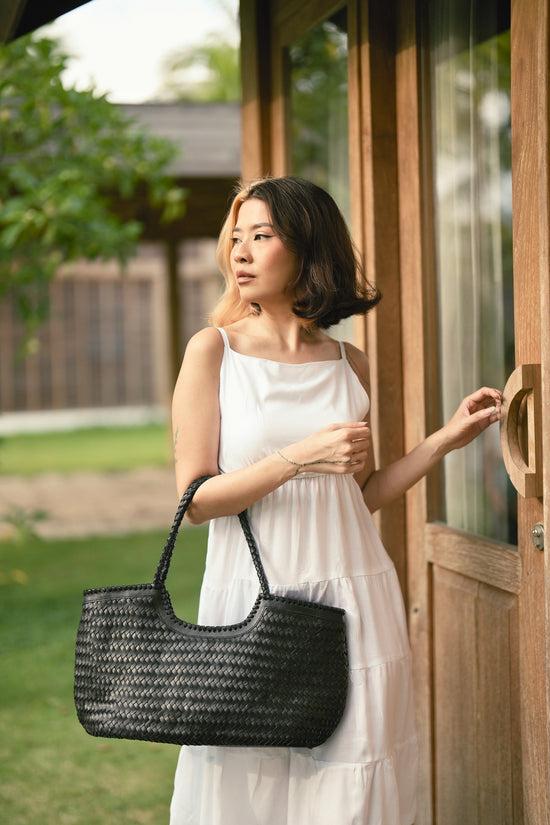 Pink Haley Jolene Handwoven Leather Tote In Black