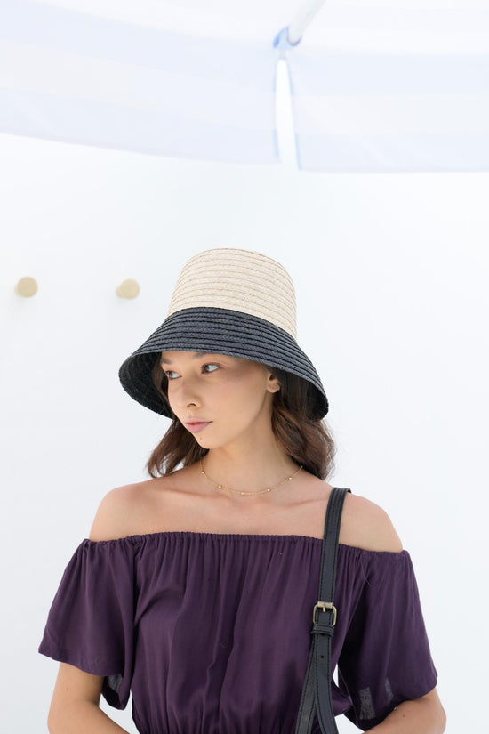 pink haley June Bucket Straw Hat in Black trim