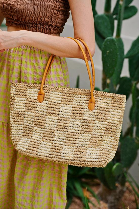 Pink Haley Lindsey Checker Raffia Tote