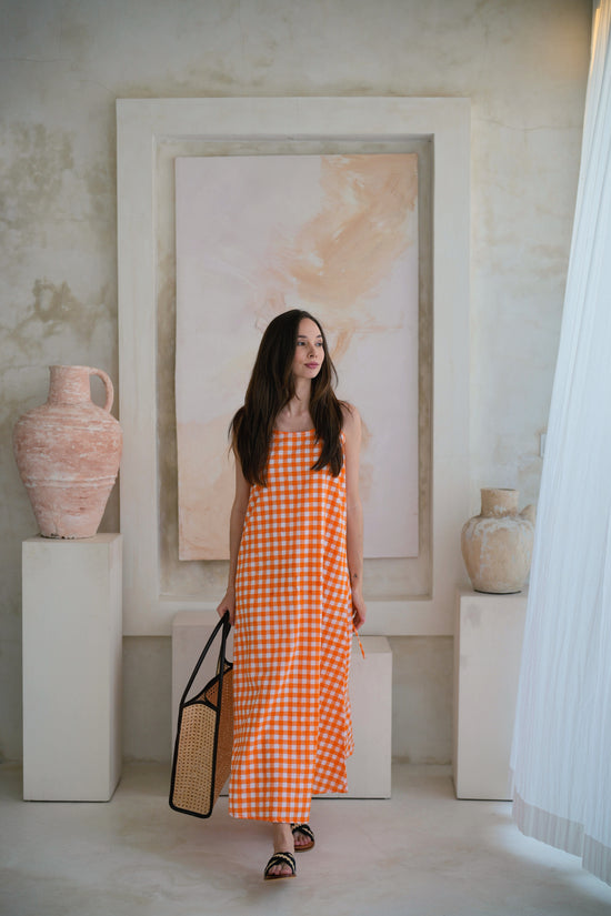 pink haley Maya Dress in Gingham Orange