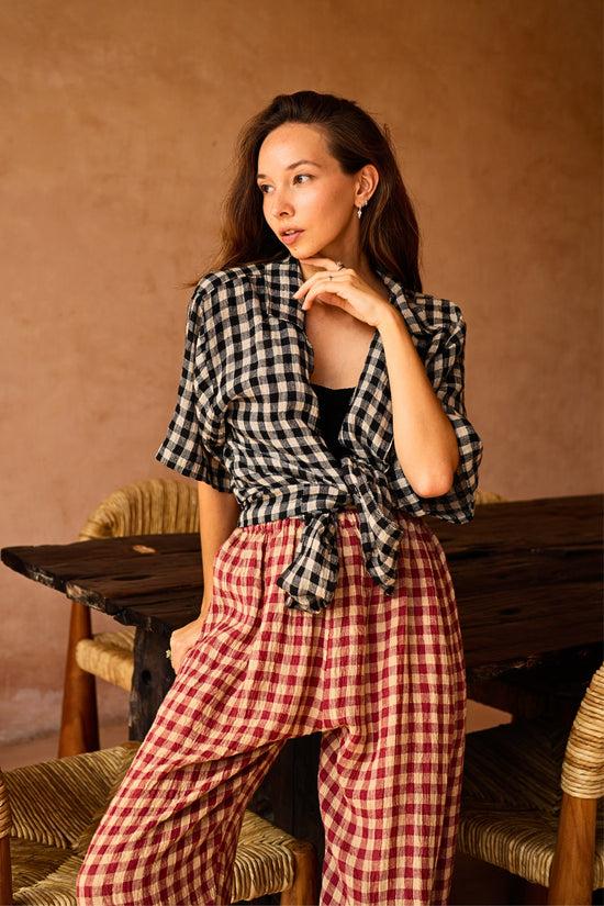 pink haley Vanessa Linen Gingham Shirt in Black