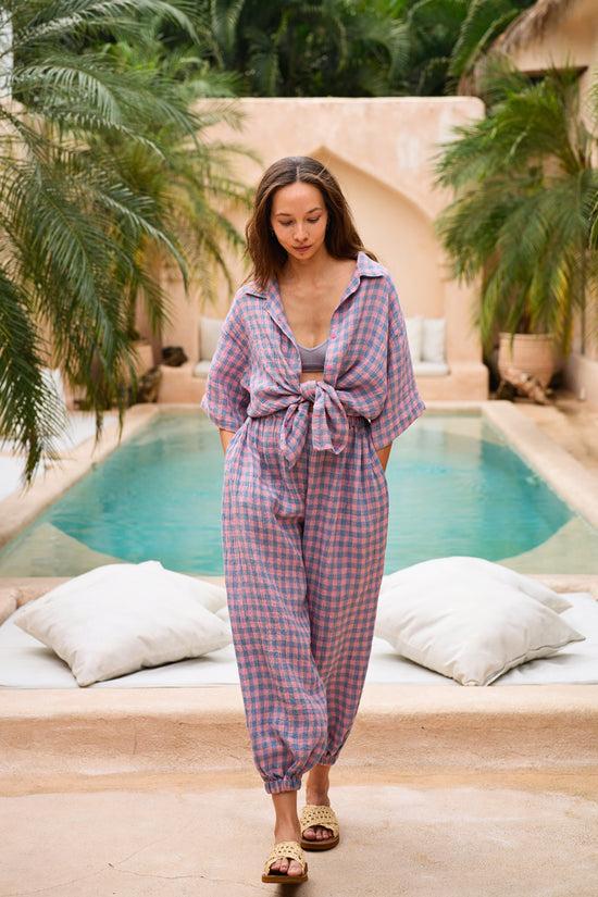 pink haley Vanessa Linen Gingham Shirt in Lavender
