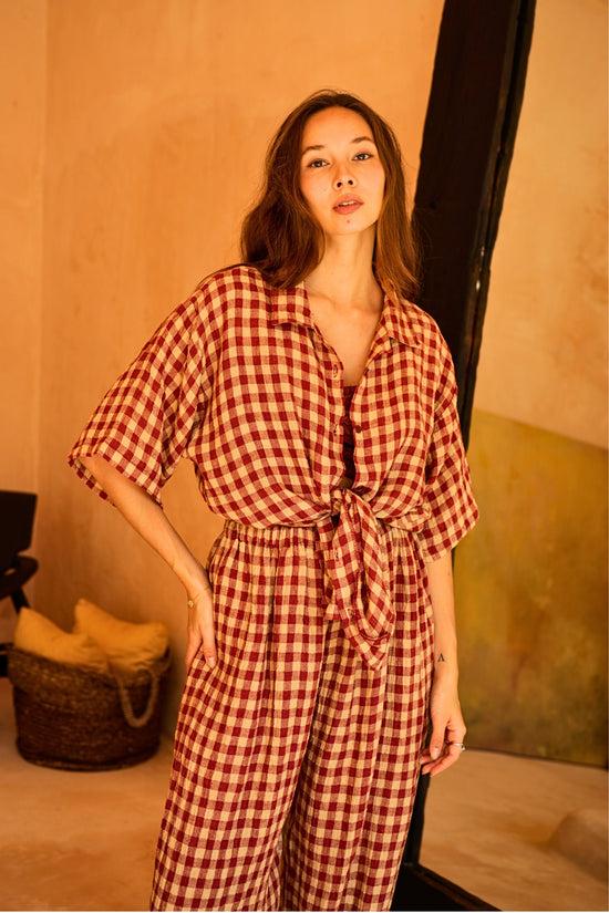 pink haley Vanessa Linen Gingham Shirt in Red