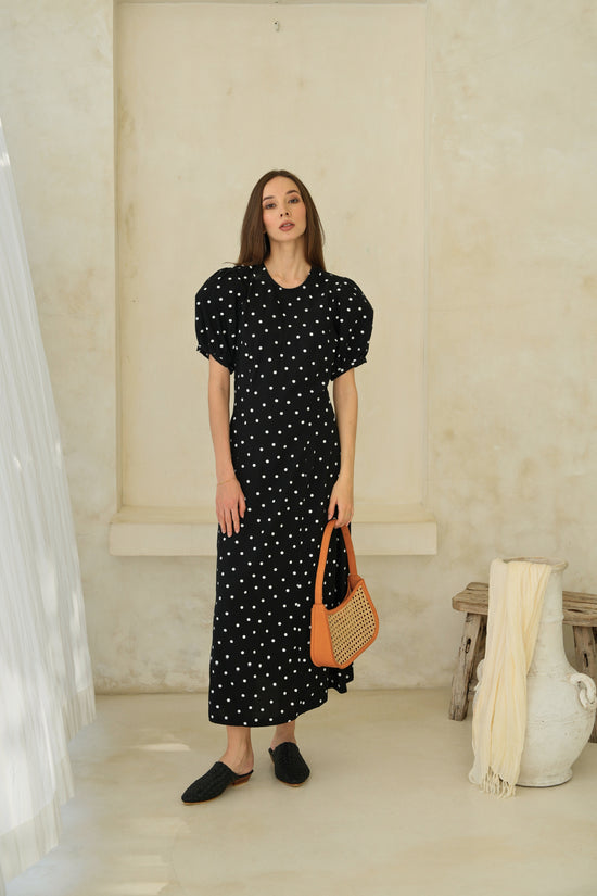 Pink Haley Poppy Puffy Sleeves Polka Dots Maxi Dress In Black