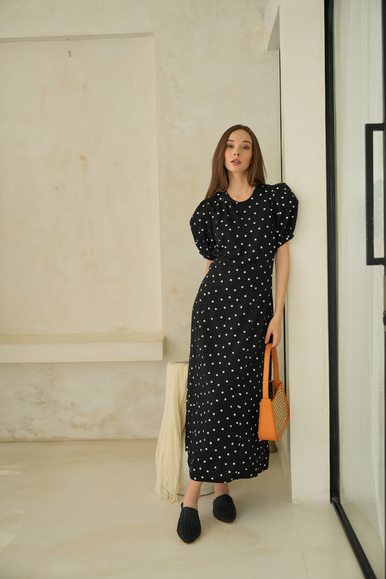 Pink Haley Poppy Puffy Sleeves Polka Dots Maxi Dress In Black