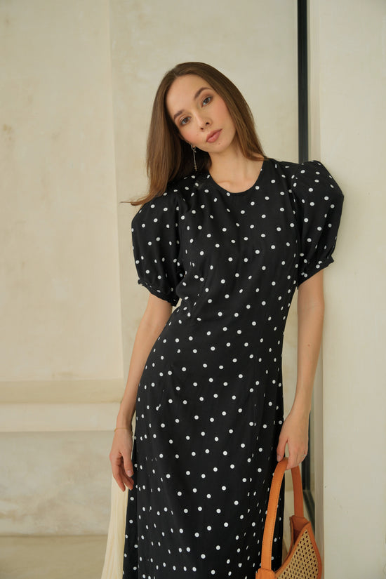 Pink Haley Poppy Puffy Sleeves Polka Dots Maxi Dress In Black