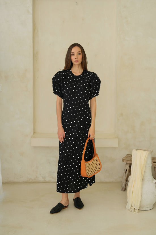 pink haley Poppy Puffy Sleeves Polka Dots Maxi Dress in Black