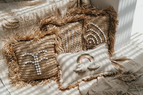 Pink Haley Raffia And Shells Pillow Cover - Clam Shell / Palm Tree / Rainbow