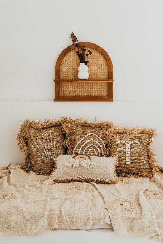 pink haley Raffia and Shells Pillow Cover - Clam Shell / Palm Tree / Rainbow