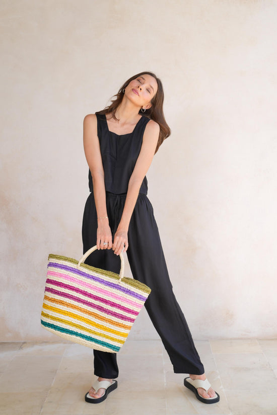 Pink Haley Rainbow Handwoven Color Strips Raffia Tote