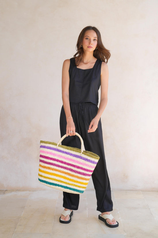 Pink Haley Rainbow Handwoven Color Strips Raffia Tote