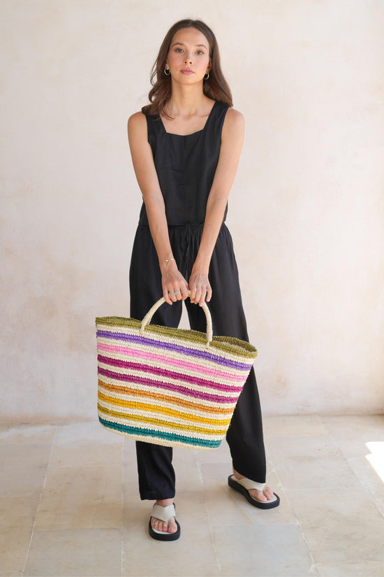 Pink Haley Rainbow Handwoven Color Strips Raffia Tote
