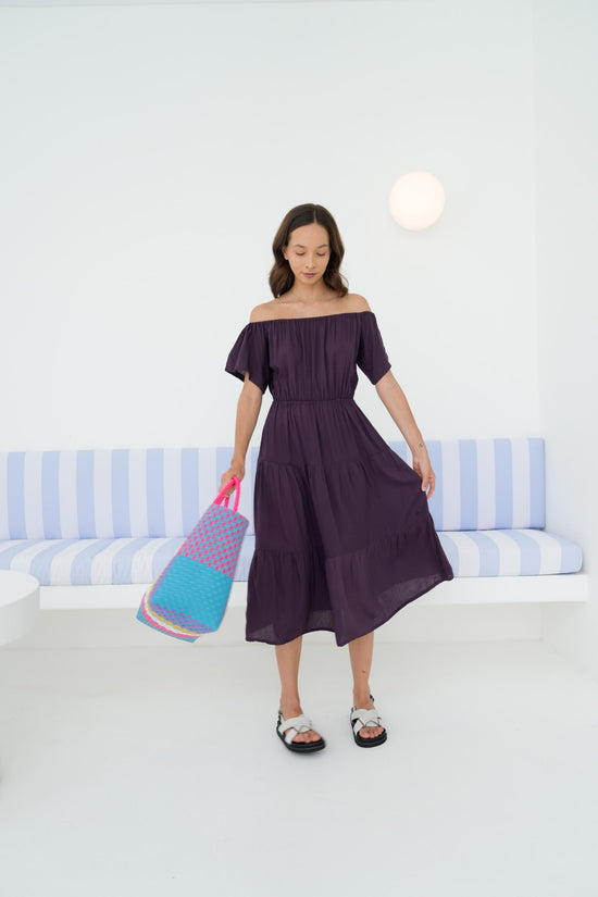Pink Haley Regina Off-the-shoulder Midi Dress In Eggplant
