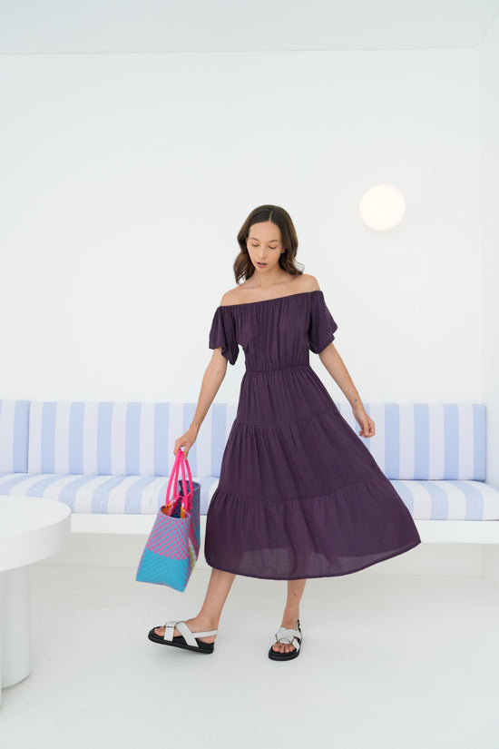 pink haley Regina Off-the-shoulder Midi Dress in Eggplant