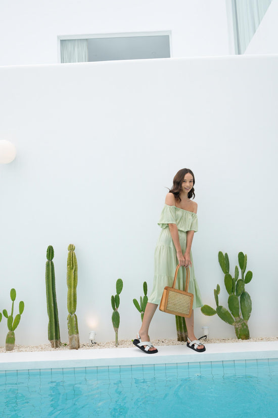 Pink Haley Regina Off-the-shoulder Midi Dress In Pistachio