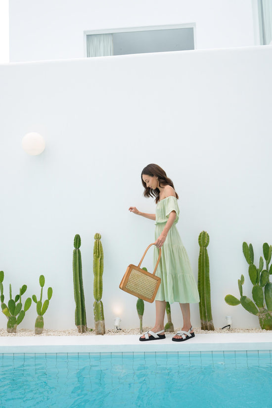 Pink Haley Regina Off-the-shoulder Midi Dress In Pistachio