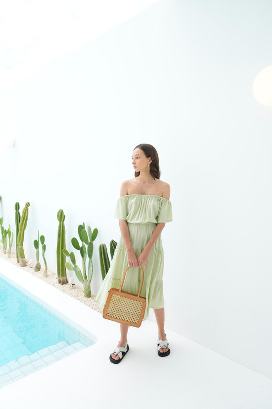 pink haley Regina Off-the-shoulder Midi Dress in Pistachio