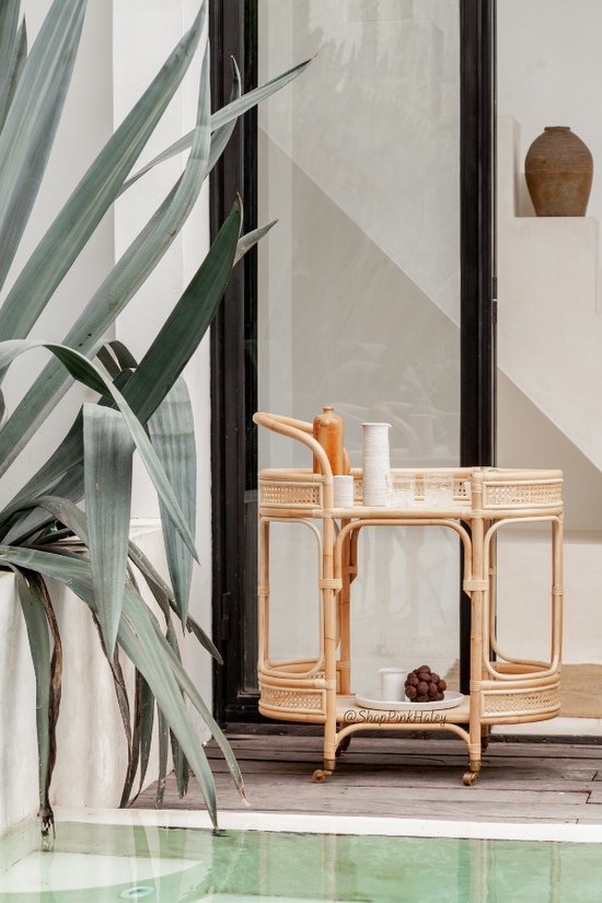 pink haley The Glendora Rattan Bar Cart with wheels (Los Angeles/Local Delivery Only)