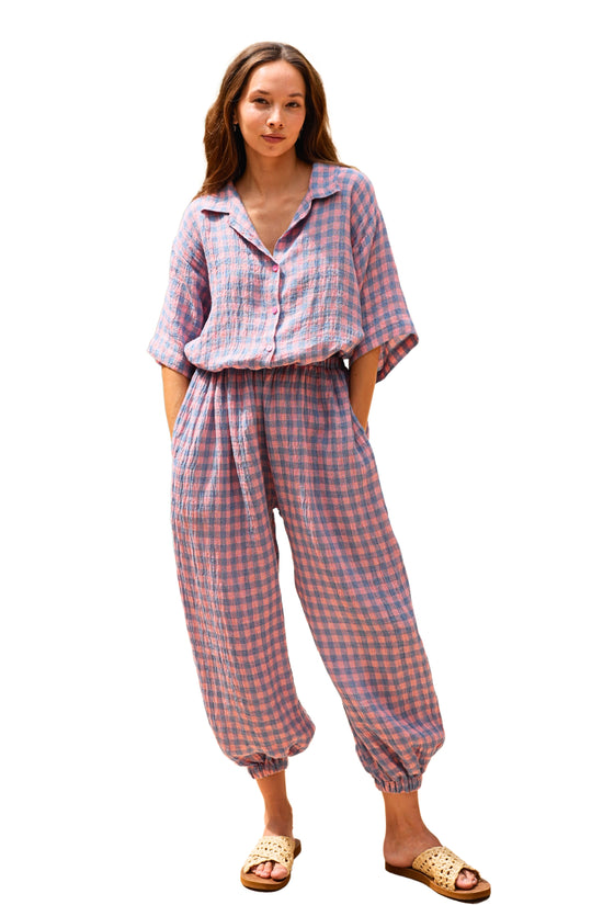 Pink Haley Vanessa Linen Gingham Balloon Pants In Lavender