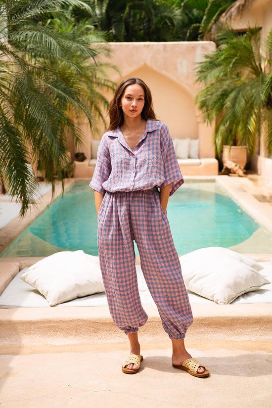 pink haley Vanessa Linen Gingham Balloon Pants in Lavender