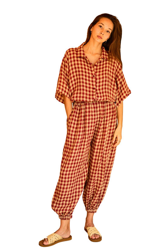 Pink Haley Vanessa Linen Gingham Balloon Pants In Red