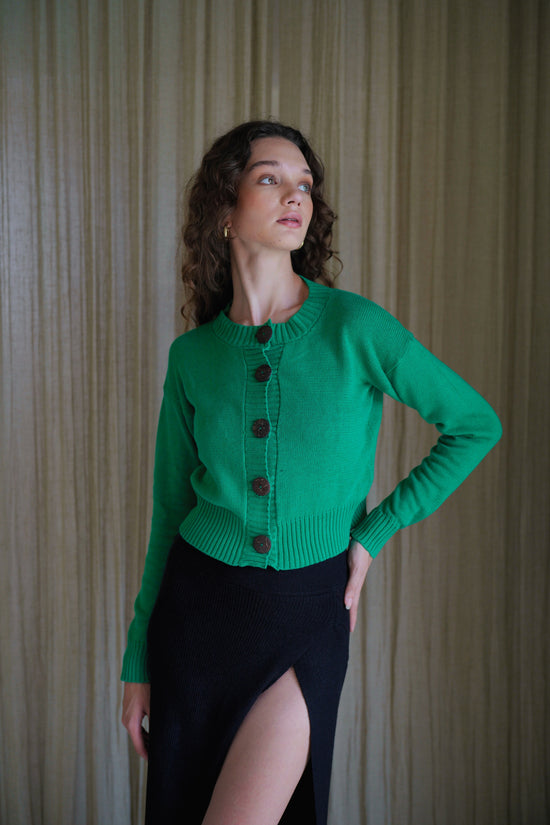 Pink Haley Victoria Coconut Button Cardigan In Forest Green