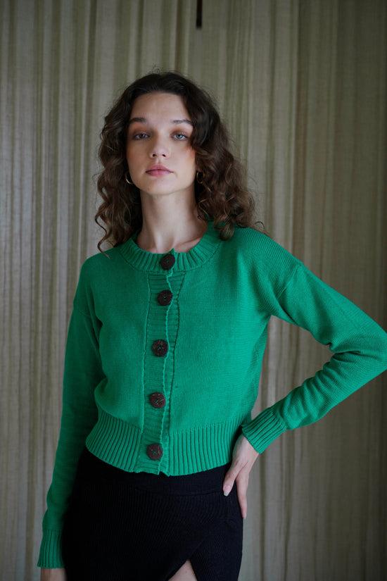 Pink Haley Victoria Coconut Button Cardigan In Forest Green