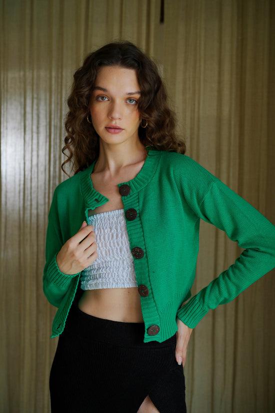 pink haley Victoria Coconut Button Cardigan in Forest Green