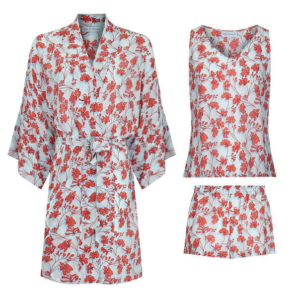 Pink House Mustique Bed-to-Beach Set (Robe Top & Shorts): FLAMBOYANT FLOWER - ORANGE
