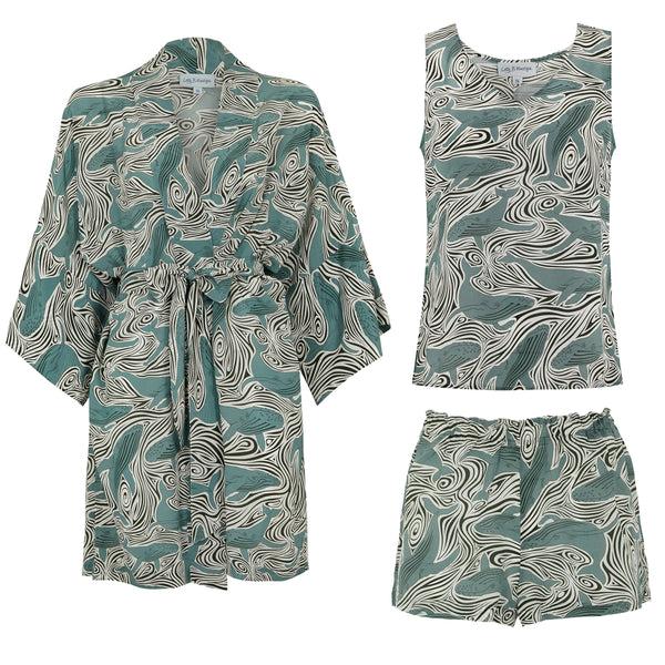 Pink House Mustique Bed-to-Beach Set (Robe Top & Shorts): WHALE - MONOCHROME